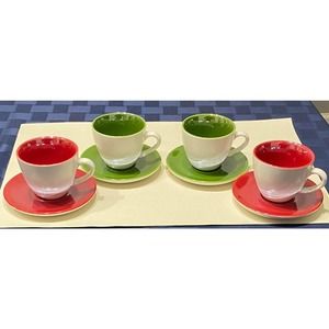 Set Of 4 Starbucks Green And Red Pearlescent Demi Espresso 3 oz Cup & Saucer Set